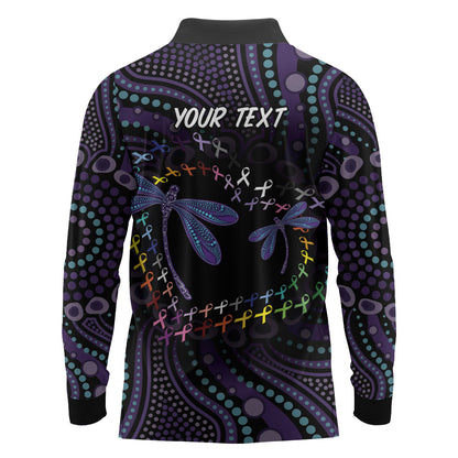 Fight Cancer In All Colors Australia Indigenous Personalized Long Sleeve Polo Shirt Dragonflies Aboriginal Art
