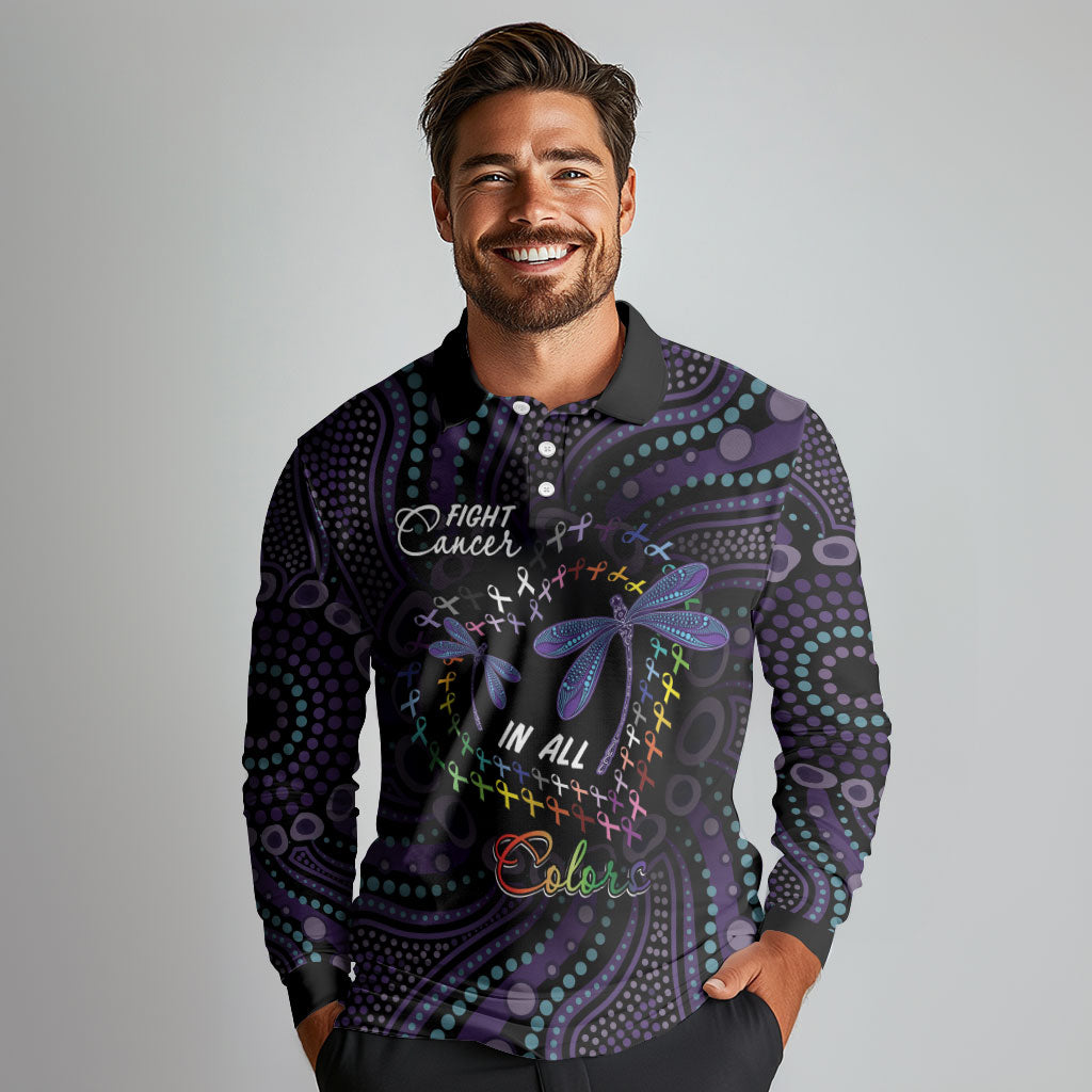 Fight Cancer In All Colors Australia Indigenous Personalized Long Sleeve Polo Shirt Dragonflies Aboriginal Art