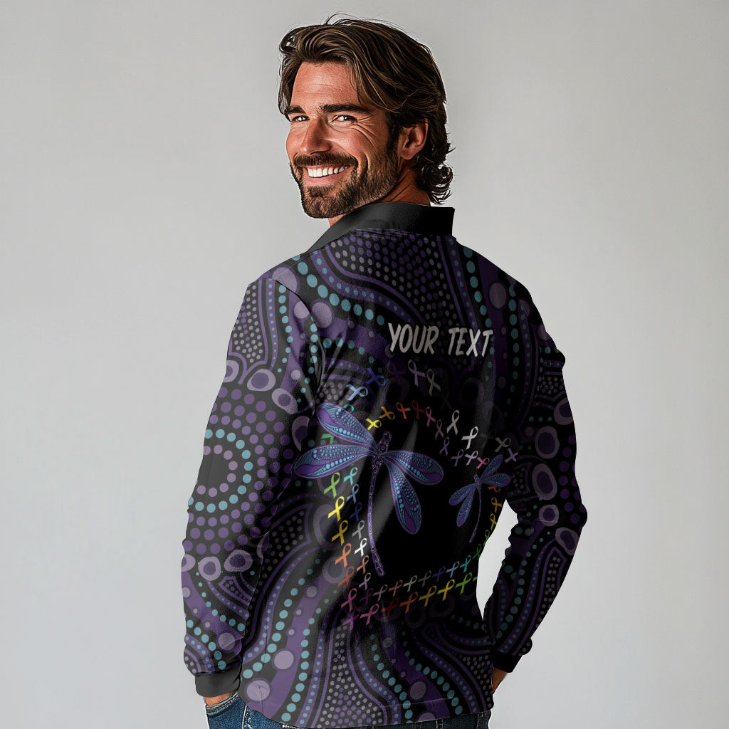 Fight Cancer In All Colors Australia Indigenous Personalized Long Sleeve Polo Shirt Dragonflies Aboriginal Art