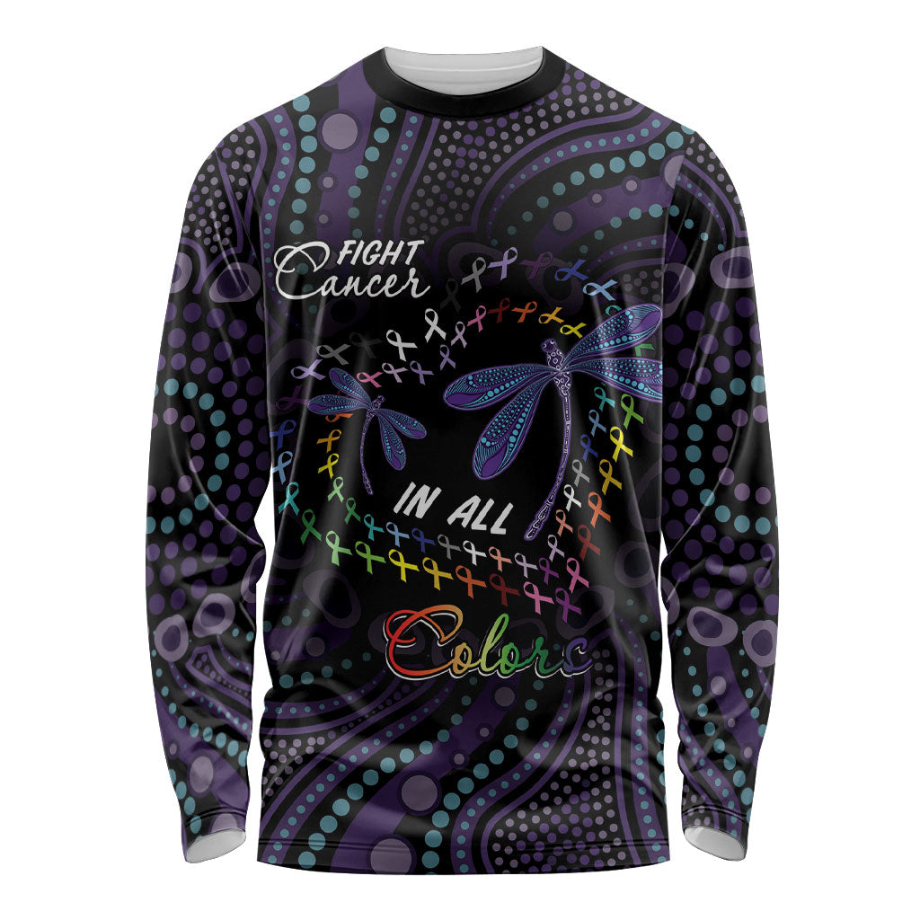 Fight Cancer In All Colors Australia Indigenous Personalized Long Sleeve Shirt Dragonflies Aboriginal Art