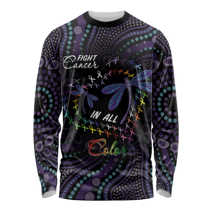 Fight Cancer In All Colors Australia Indigenous Personalized Long Sleeve Shirt Dragonflies Aboriginal Art