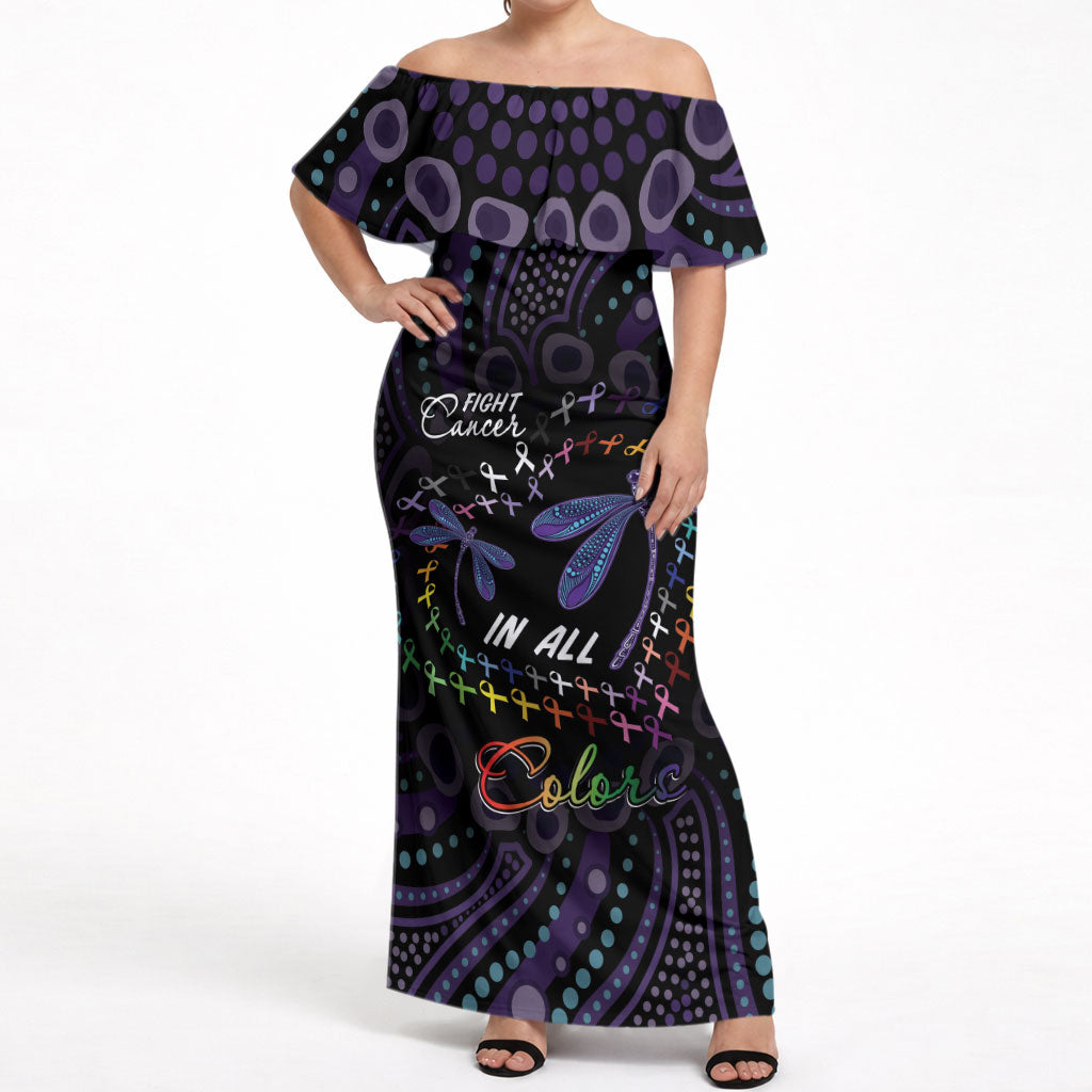 Fight Cancer In All Colors Australia Indigenous Personalized Off Shoulder Maxi Dress Dragonflies Aboriginal Art