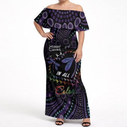 Fight Cancer In All Colors Australia Indigenous Personalized Off Shoulder Maxi Dress Dragonflies Aboriginal Art