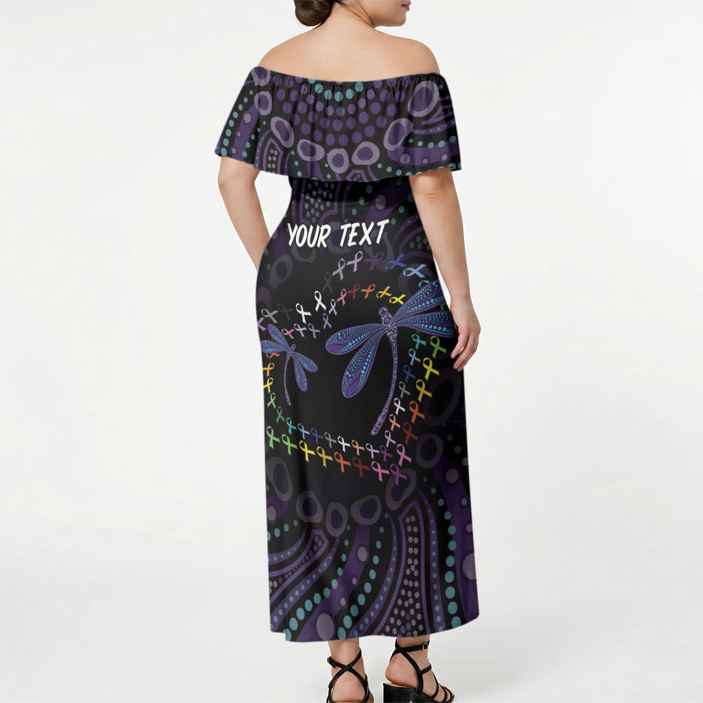 Fight Cancer In All Colors Australia Indigenous Personalized Off Shoulder Maxi Dress Dragonflies Aboriginal Art