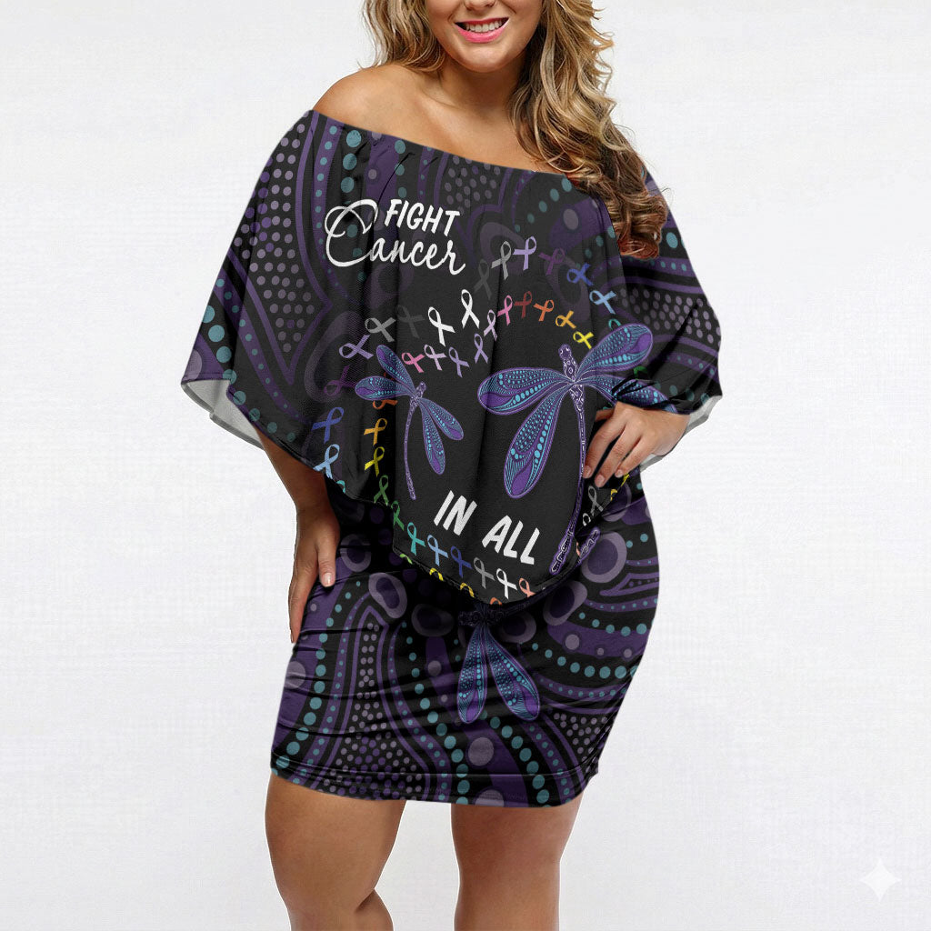 Fight Cancer In All Colors Australia Indigenous Personalized Off Shoulder Short Dress Dragonflies Aboriginal Art
