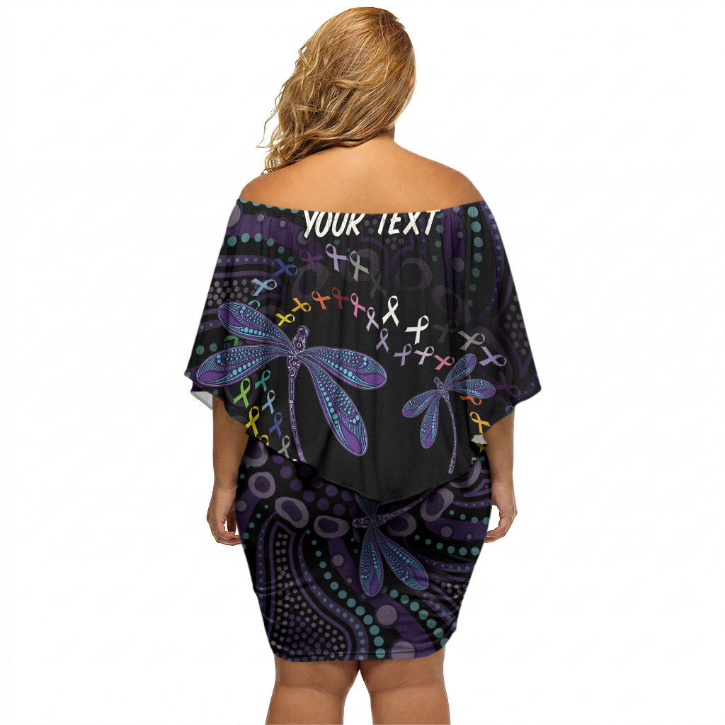 Fight Cancer In All Colors Australia Indigenous Personalized Off Shoulder Short Dress Dragonflies Aboriginal Art