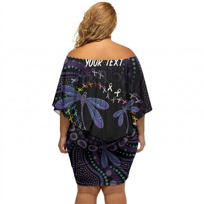 Fight Cancer In All Colors Australia Indigenous Personalized Off Shoulder Short Dress Dragonflies Aboriginal Art