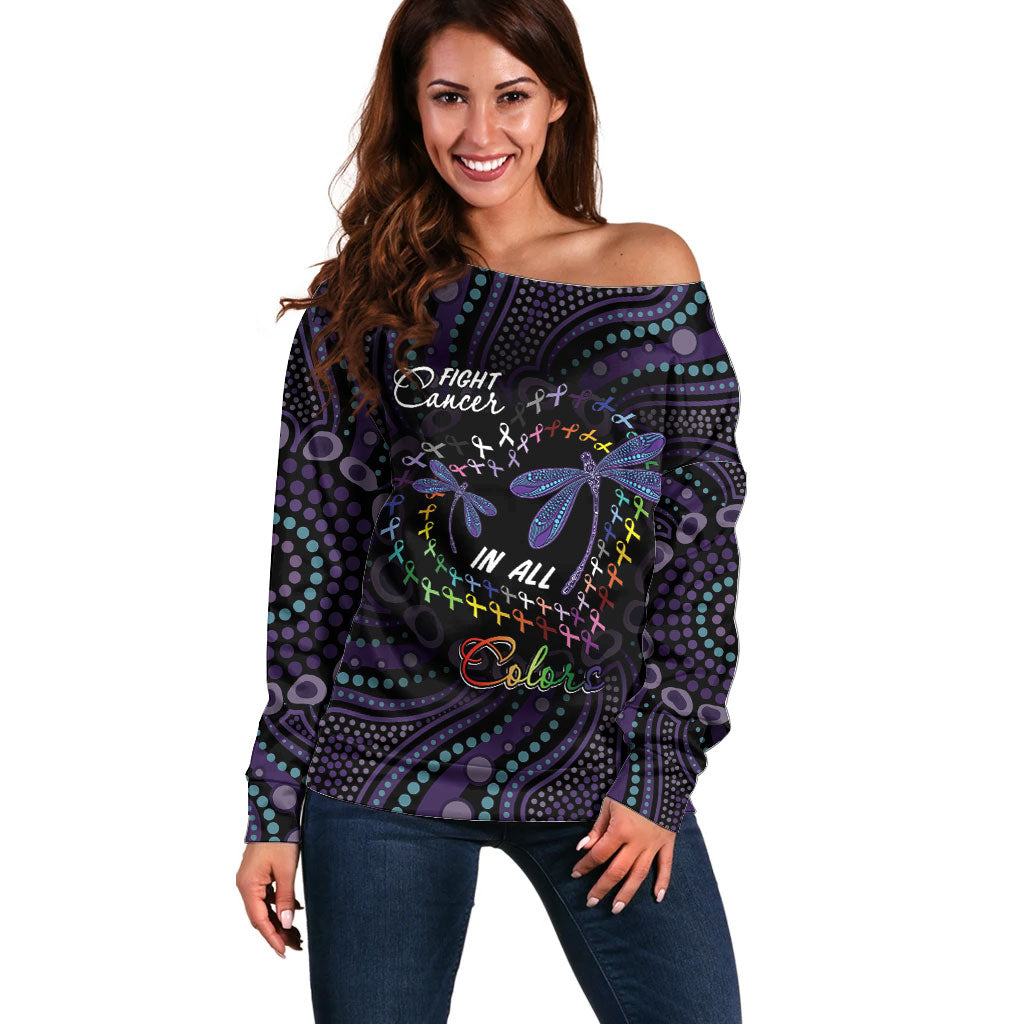 Fight Cancer In All Colors Australia Indigenous Personalized Off Shoulder Sweater Dragonflies Aboriginal Art