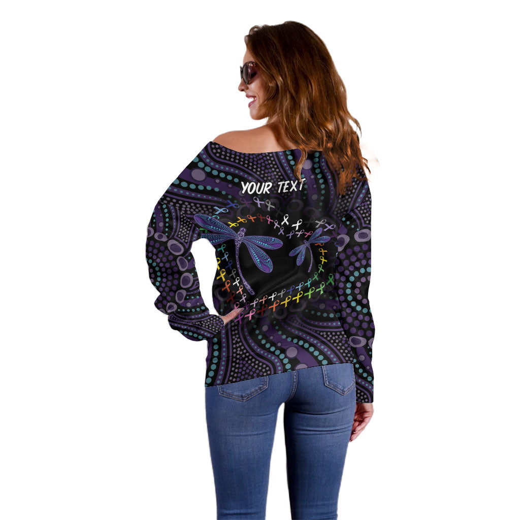 Fight Cancer In All Colors Australia Indigenous Personalized Off Shoulder Sweater Dragonflies Aboriginal Art