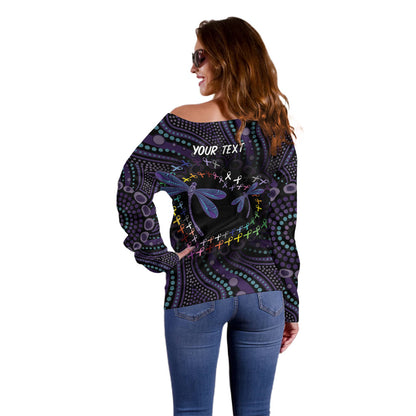 Fight Cancer In All Colors Australia Indigenous Personalized Off Shoulder Sweater Dragonflies Aboriginal Art