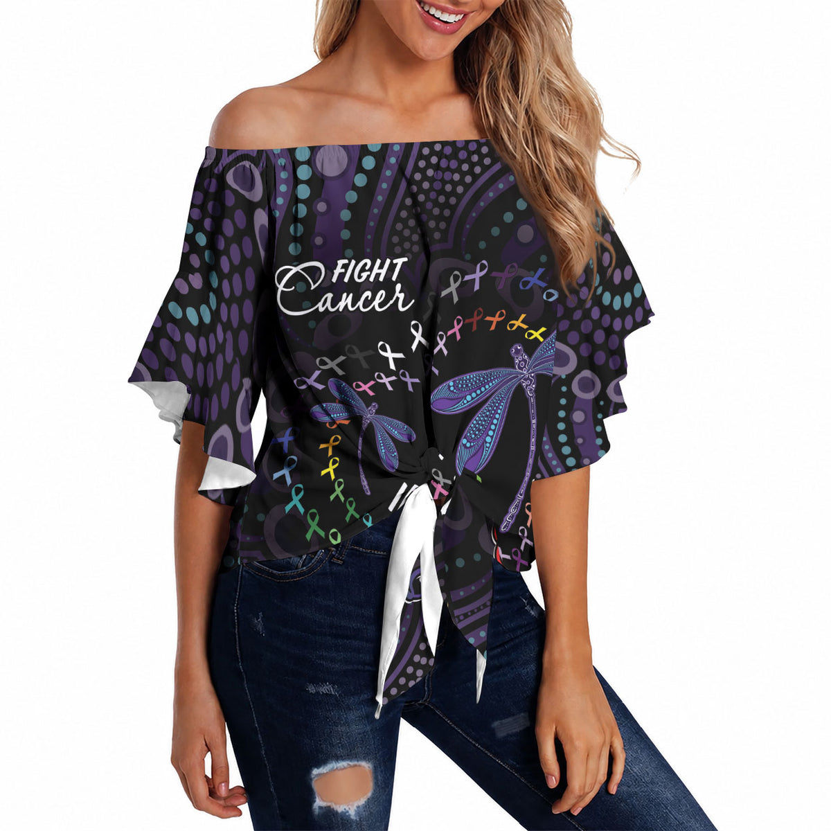 Fight Cancer In All Colors Australia Indigenous Personalized Off Shoulder Wrap Waist Top Dragonflies Aboriginal Art