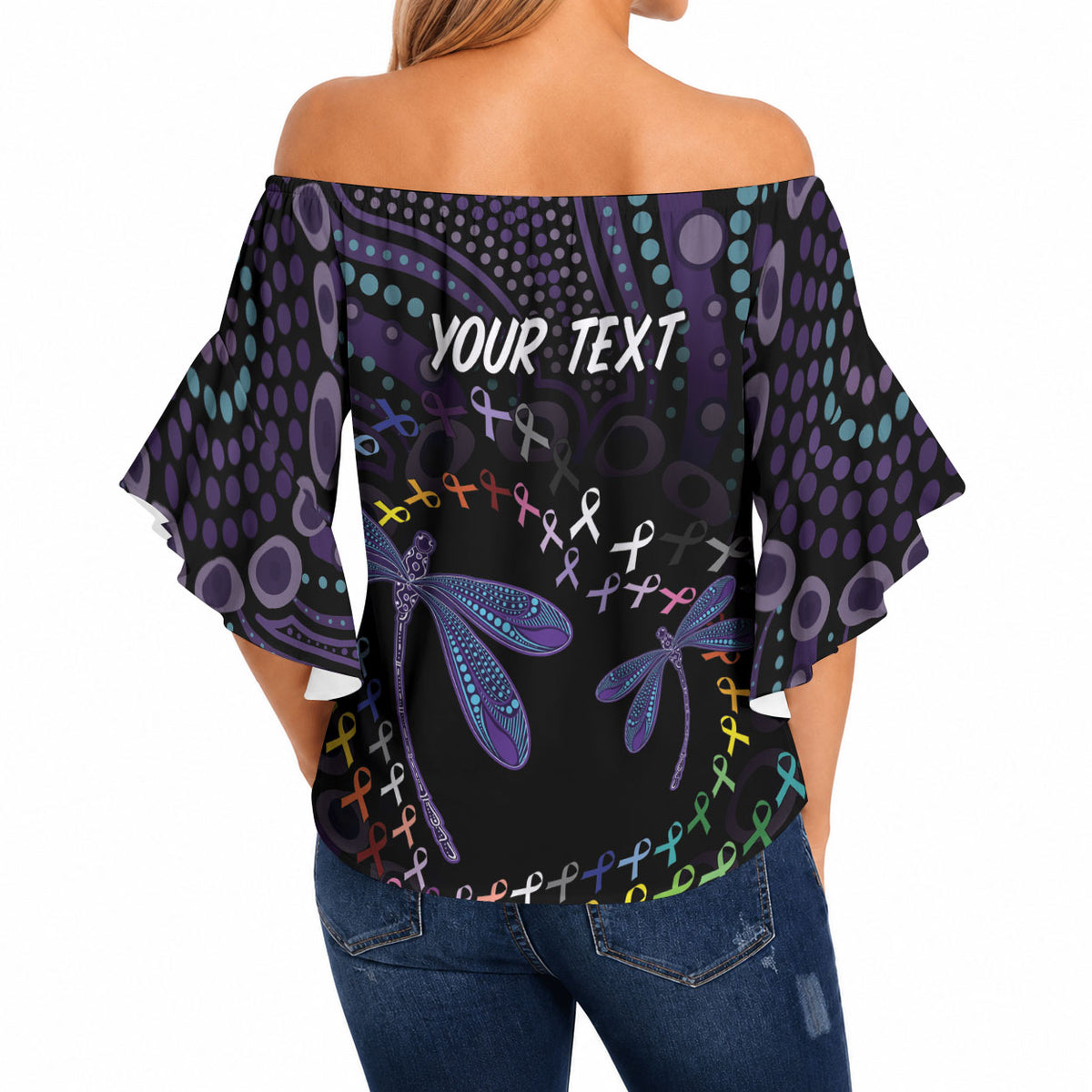 Fight Cancer In All Colors Australia Indigenous Personalized Off Shoulder Wrap Waist Top Dragonflies Aboriginal Art