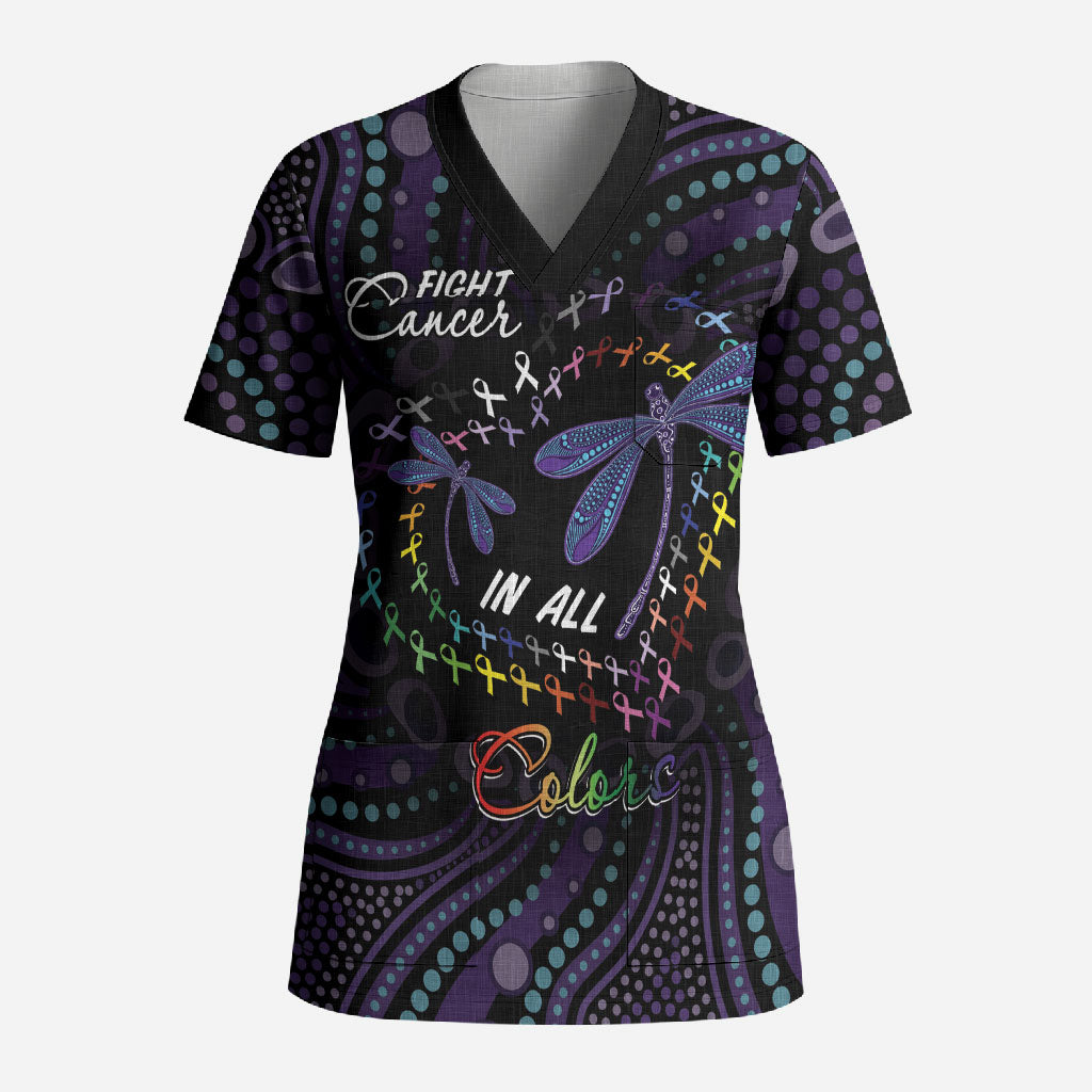 Fight Cancer In All Colors Australia Indigenous Personalized Scrub Top Dragonflies Aboriginal Art
