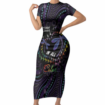 Fight Cancer In All Colors Australia Indigenous Personalized Short Sleeve Bodycon Dress Dragonflies Aboriginal Art
