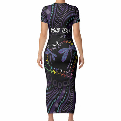 Fight Cancer In All Colors Australia Indigenous Personalized Short Sleeve Bodycon Dress Dragonflies Aboriginal Art