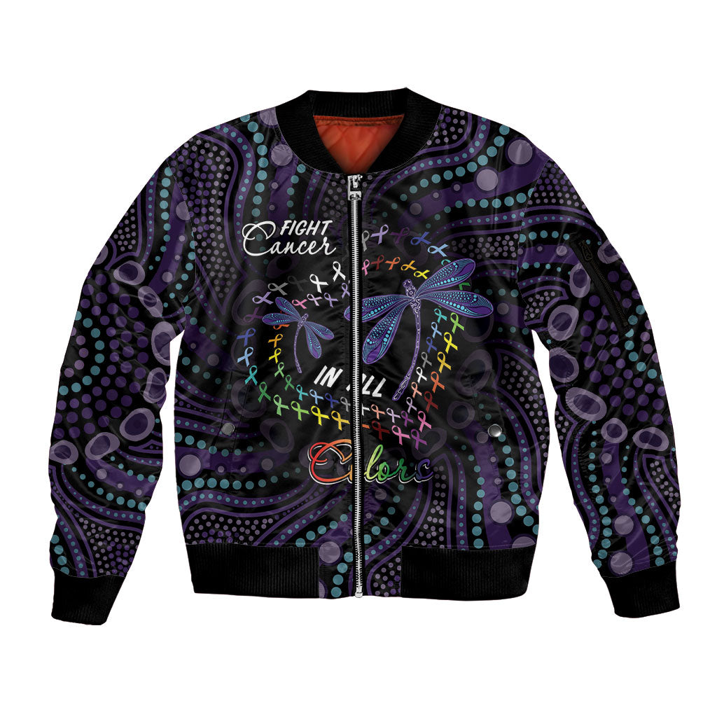 Fight Cancer In All Colors Australia Indigenous Personalized Sleeve Zip Bomber Jacket Dragonflies Aboriginal Art
