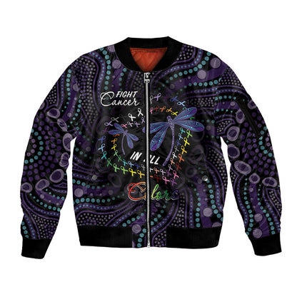 Fight Cancer In All Colors Australia Indigenous Personalized Sleeve Zip Bomber Jacket Dragonflies Aboriginal Art