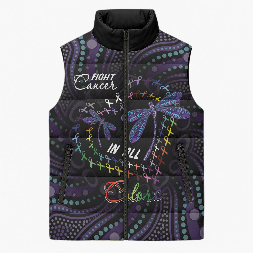 Fight Cancer In All Colors Australia Indigenous Personalized Sleeveless Puffer Jacket Dragonflies Aboriginal Art