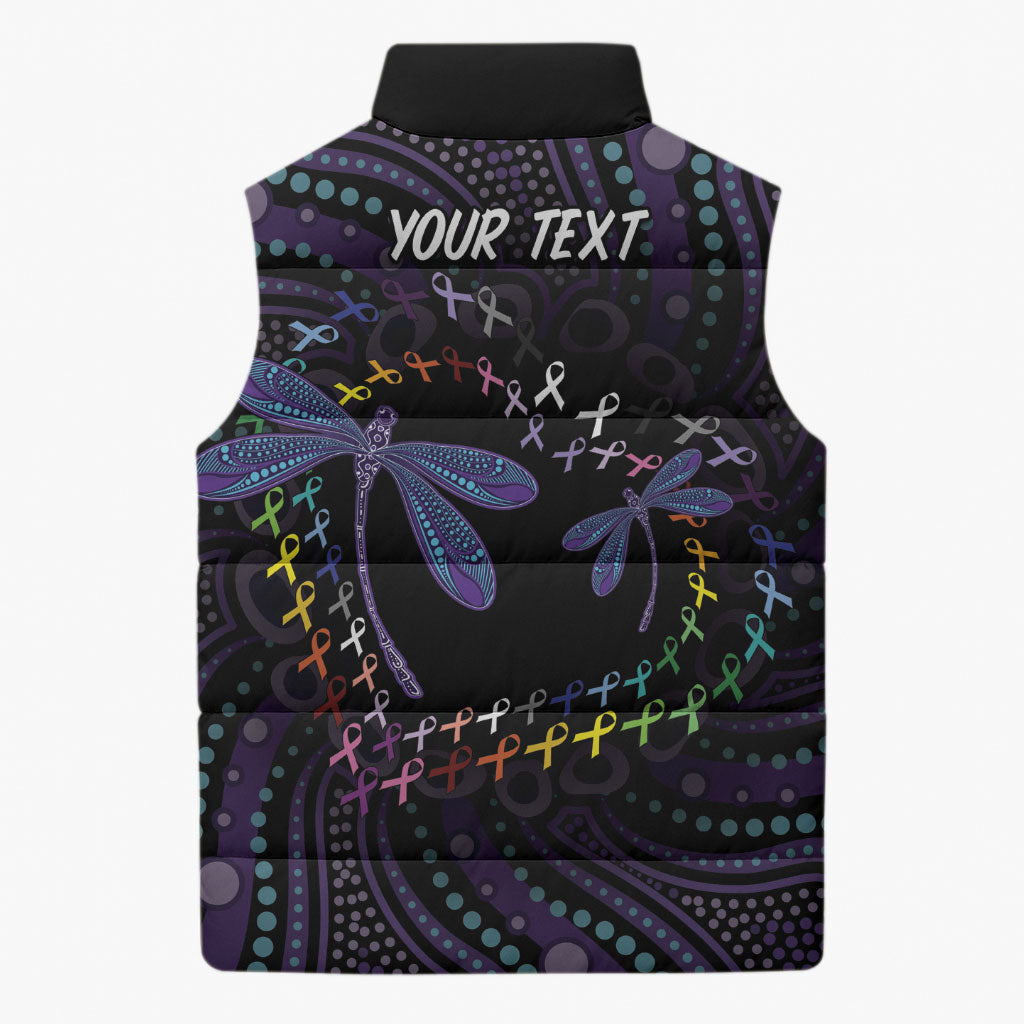 Fight Cancer In All Colors Australia Indigenous Personalized Sleeveless Puffer Jacket Dragonflies Aboriginal Art
