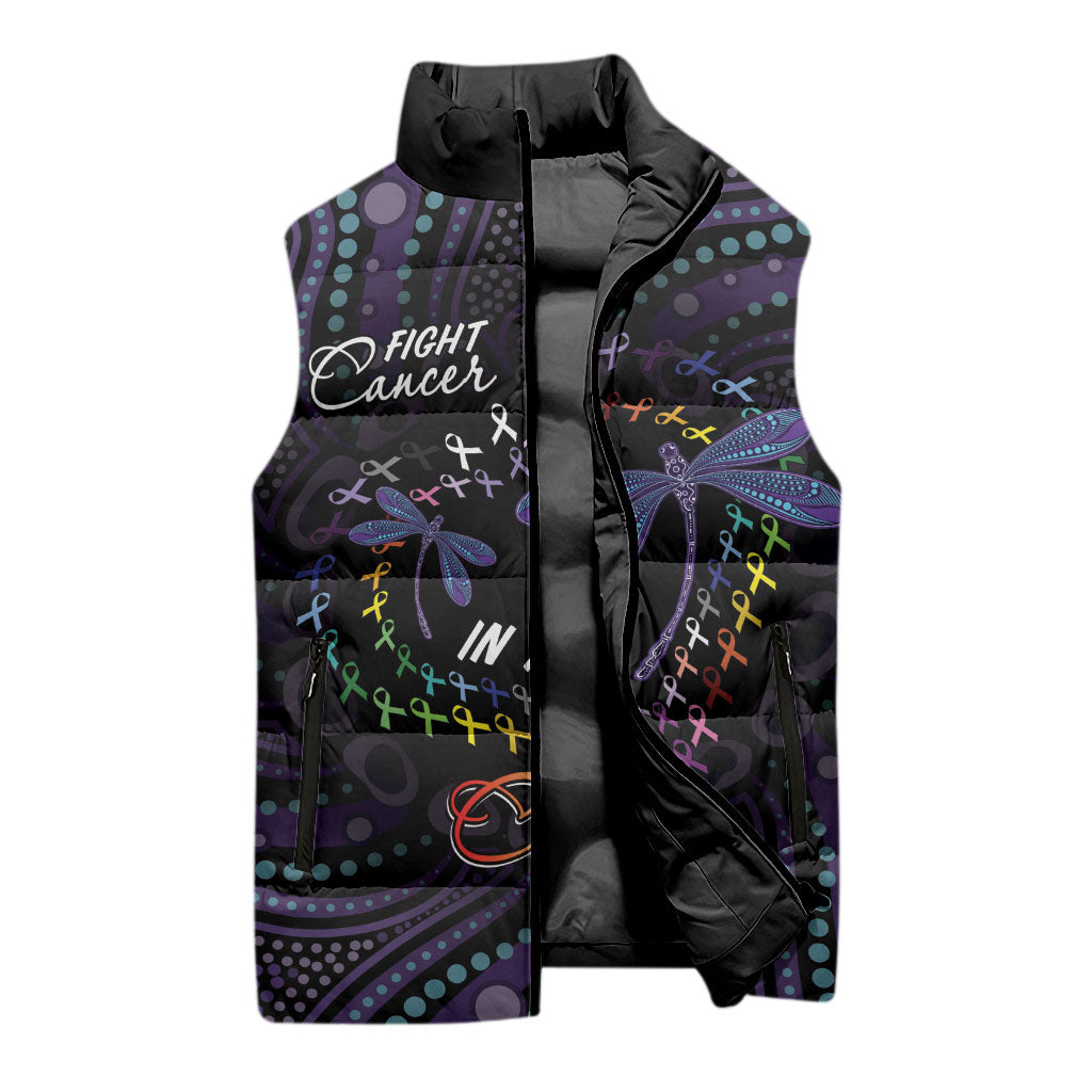 Fight Cancer In All Colors Australia Indigenous Personalized Sleeveless Puffer Jacket Dragonflies Aboriginal Art