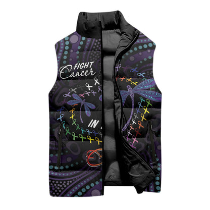 Fight Cancer In All Colors Australia Indigenous Personalized Sleeveless Puffer Jacket Dragonflies Aboriginal Art