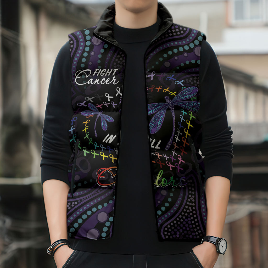 Fight Cancer In All Colors Australia Indigenous Personalized Sleeveless Puffer Jacket Dragonflies Aboriginal Art