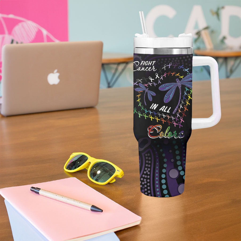 Fight Cancer In All Colors Australia Indigenous Personalized Tumbler With Handle Dragonflies Aboriginal Art