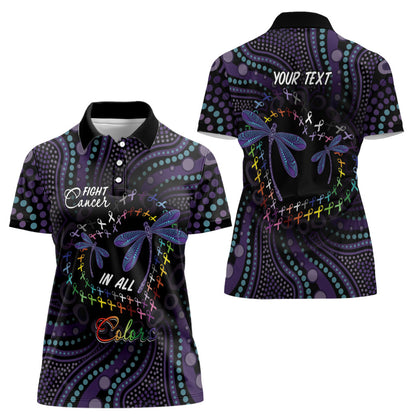 Fight Cancer In All Colors Australia Indigenous Personalized Women Polo Shirt Dragonflies Aboriginal Art