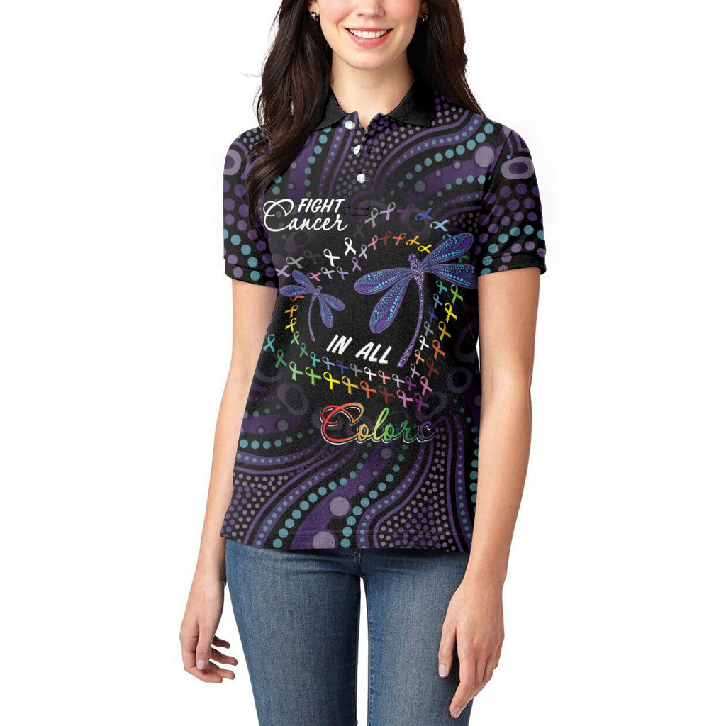 Fight Cancer In All Colors Australia Indigenous Personalized Women Polo Shirt Dragonflies Aboriginal Art
