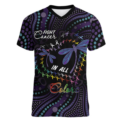 Fight Cancer In All Colors Australia Indigenous Personalized Women V-Neck T-Shirt Dragonflies Aboriginal Art