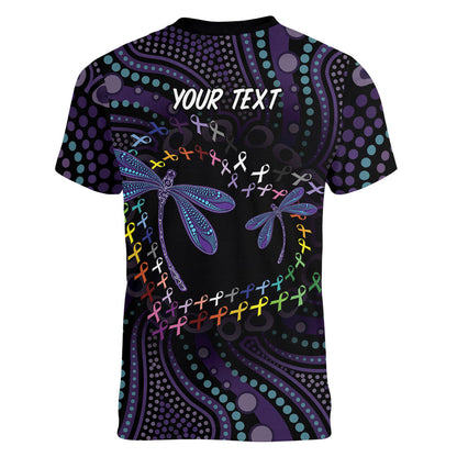 Fight Cancer In All Colors Australia Indigenous Personalized Women V-Neck T-Shirt Dragonflies Aboriginal Art