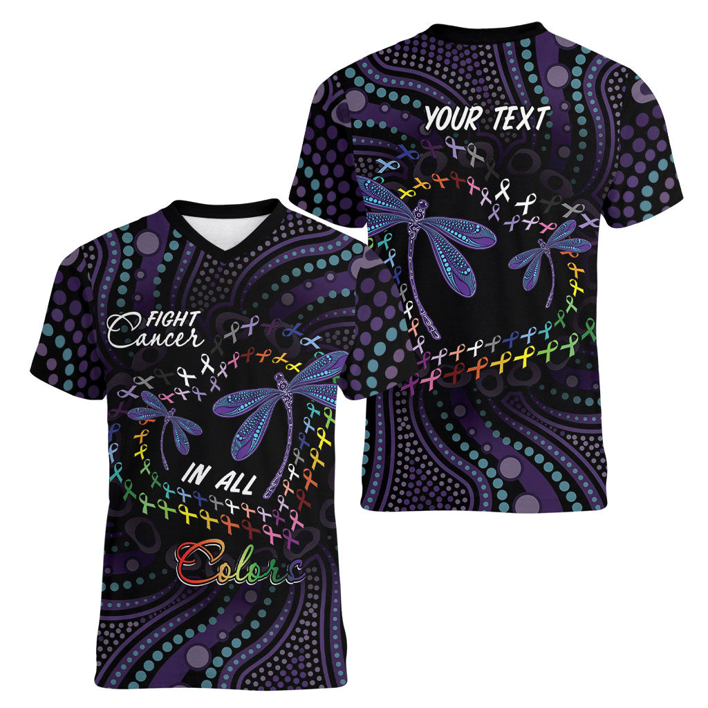 Fight Cancer In All Colors Australia Indigenous Personalized Women V-Neck T-Shirt Dragonflies Aboriginal Art