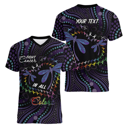 Fight Cancer In All Colors Australia Indigenous Personalized Women V-Neck T-Shirt Dragonflies Aboriginal Art