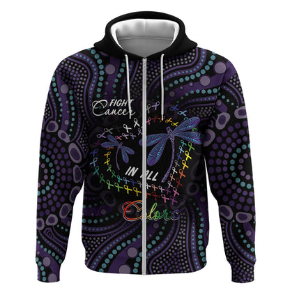 Fight Cancer In All Colors Australia Indigenous Personalized Zip Hoodie Dragonflies Aboriginal Art