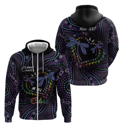 Fight Cancer In All Colors Australia Indigenous Personalized Zip Hoodie Dragonflies Aboriginal Art