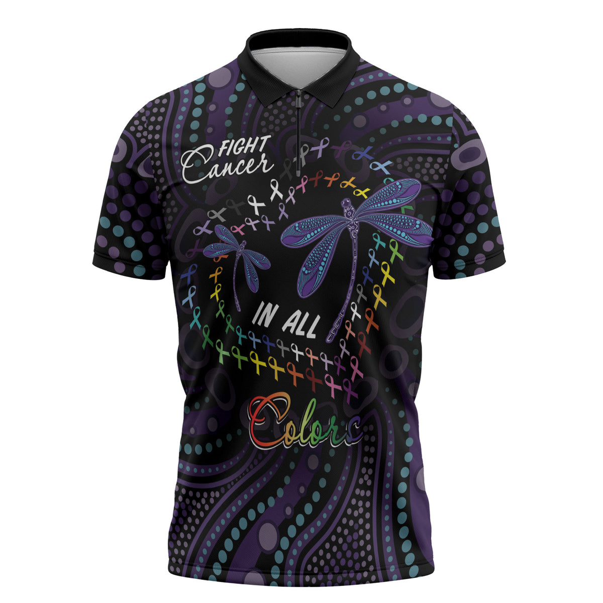 Fight Cancer In All Colors Australia Indigenous Personalized Zipper Polo Shirt Dragonflies Aboriginal Art