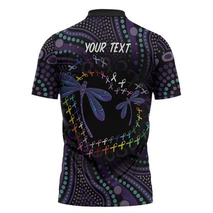 Fight Cancer In All Colors Australia Indigenous Personalized Zipper Polo Shirt Dragonflies Aboriginal Art