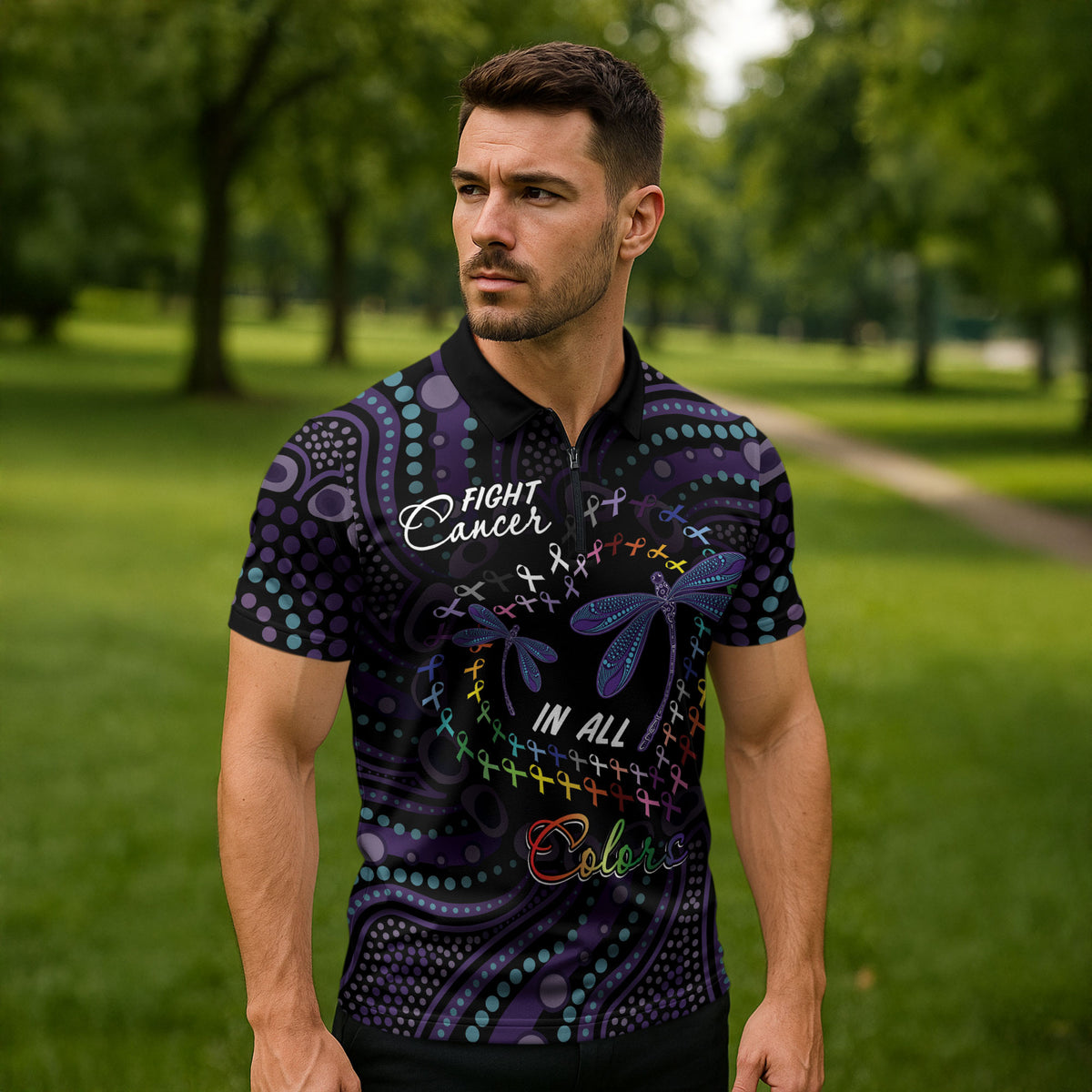 Fight Cancer In All Colors Australia Indigenous Personalized Zipper Polo Shirt Dragonflies Aboriginal Art