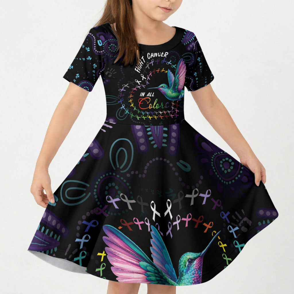 Personalized Australia Indigenous Aboriginal Arts Kid Short Sleeve Dress Hummingbird - Fight Cancer In All Colors