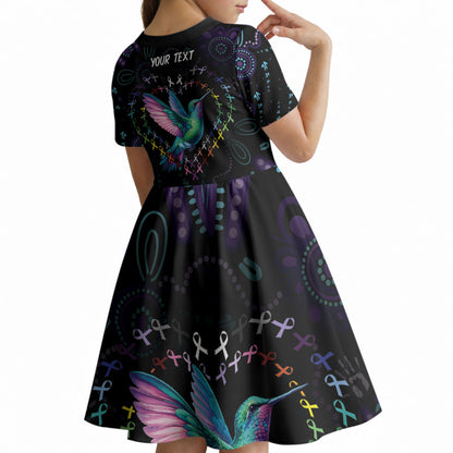 Personalized Australia Indigenous Aboriginal Arts Kid Short Sleeve Dress Hummingbird - Fight Cancer In All Colors
