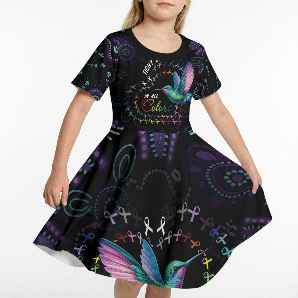 Personalized Australia Indigenous Aboriginal Arts Kid Short Sleeve Dress Hummingbird - Fight Cancer In All Colors