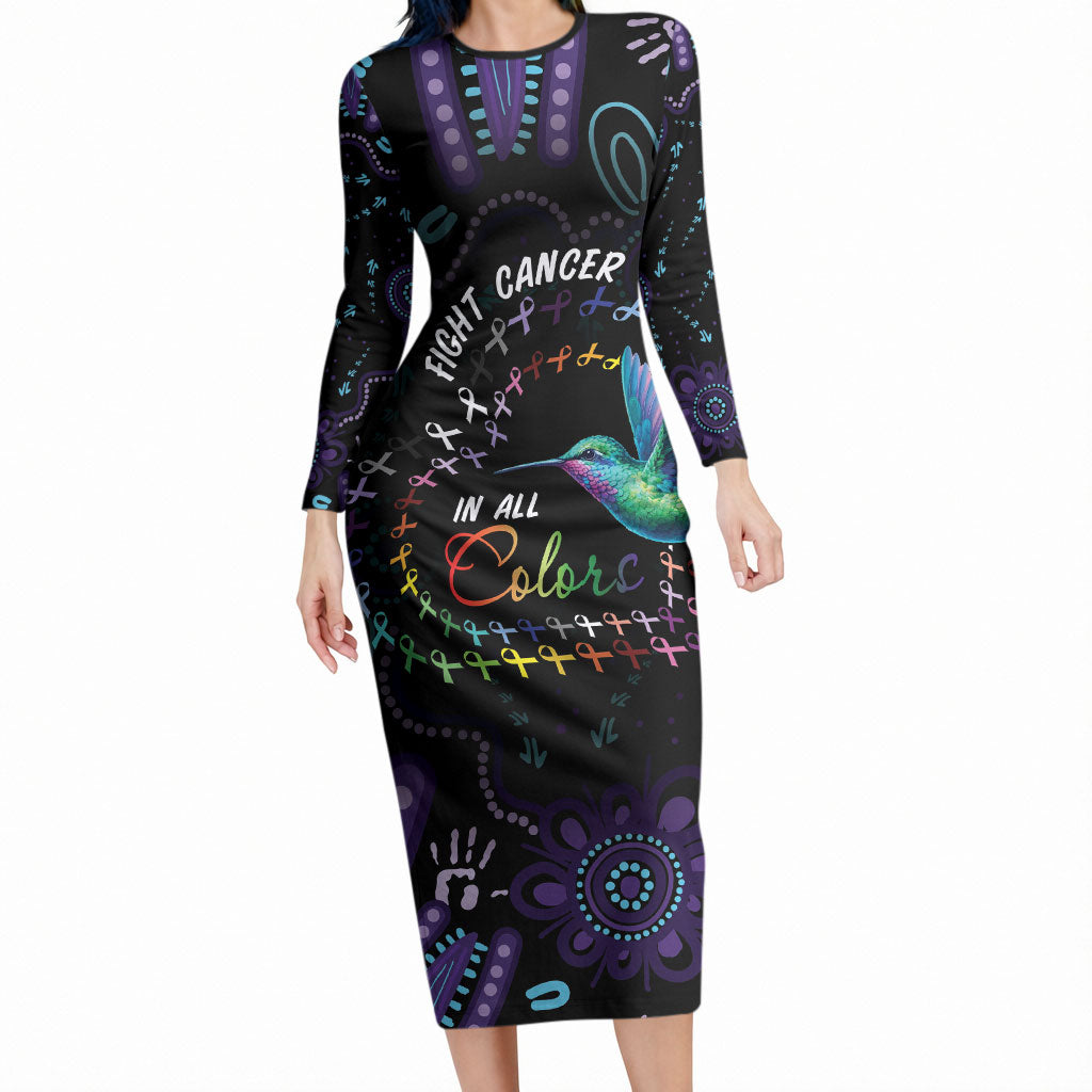 Personalized Australia Indigenous Aboriginal Arts Long Sleeve Bodycon Dress Hummingbird - Fight Cancer In All Colors
