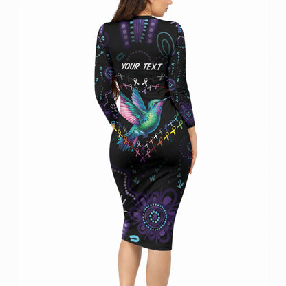 Personalized Australia Indigenous Aboriginal Arts Long Sleeve Bodycon Dress Hummingbird - Fight Cancer In All Colors