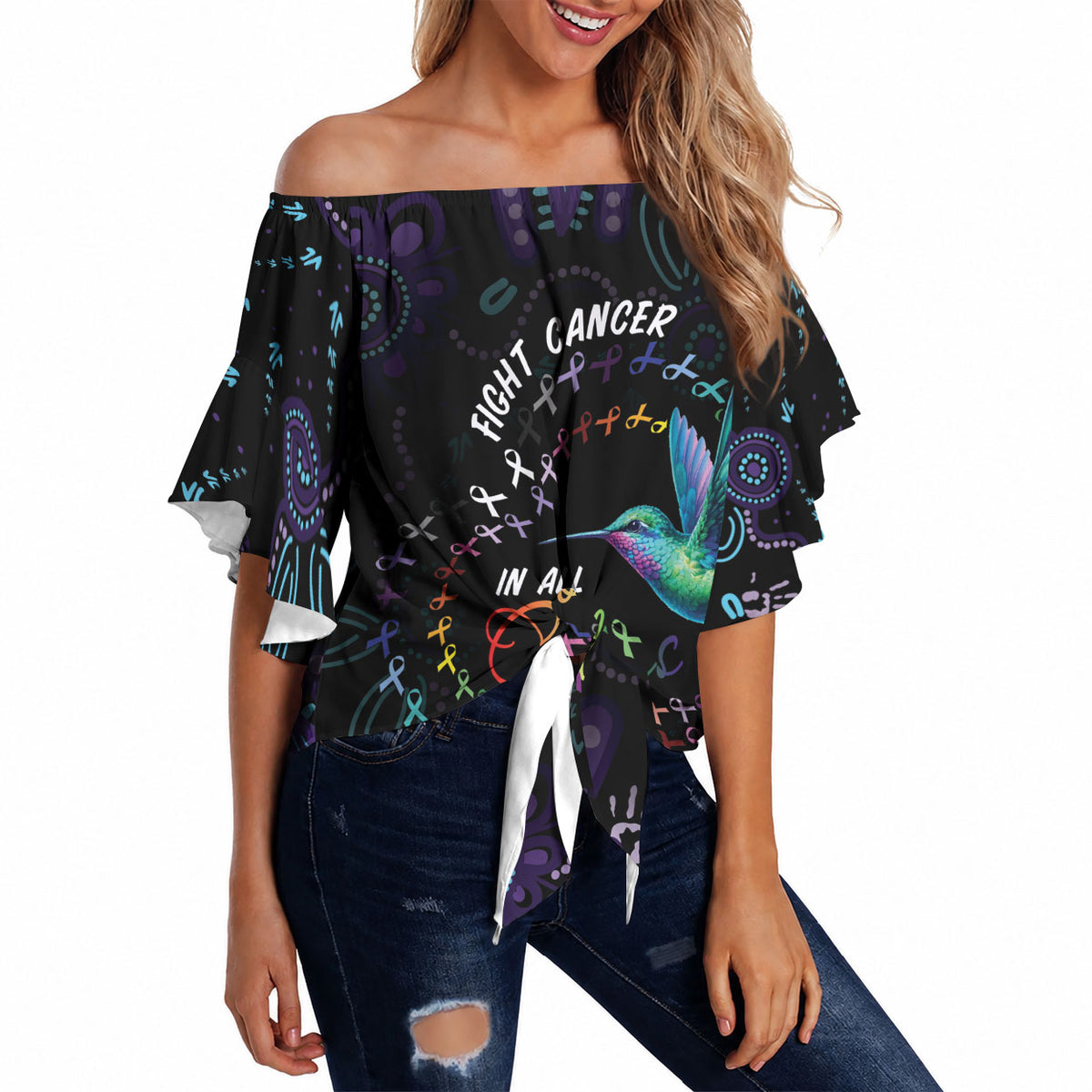 Personalized Australia Indigenous Aboriginal Arts Off Shoulder Wrap Waist Top Hummingbird - Fight Cancer In All Colors