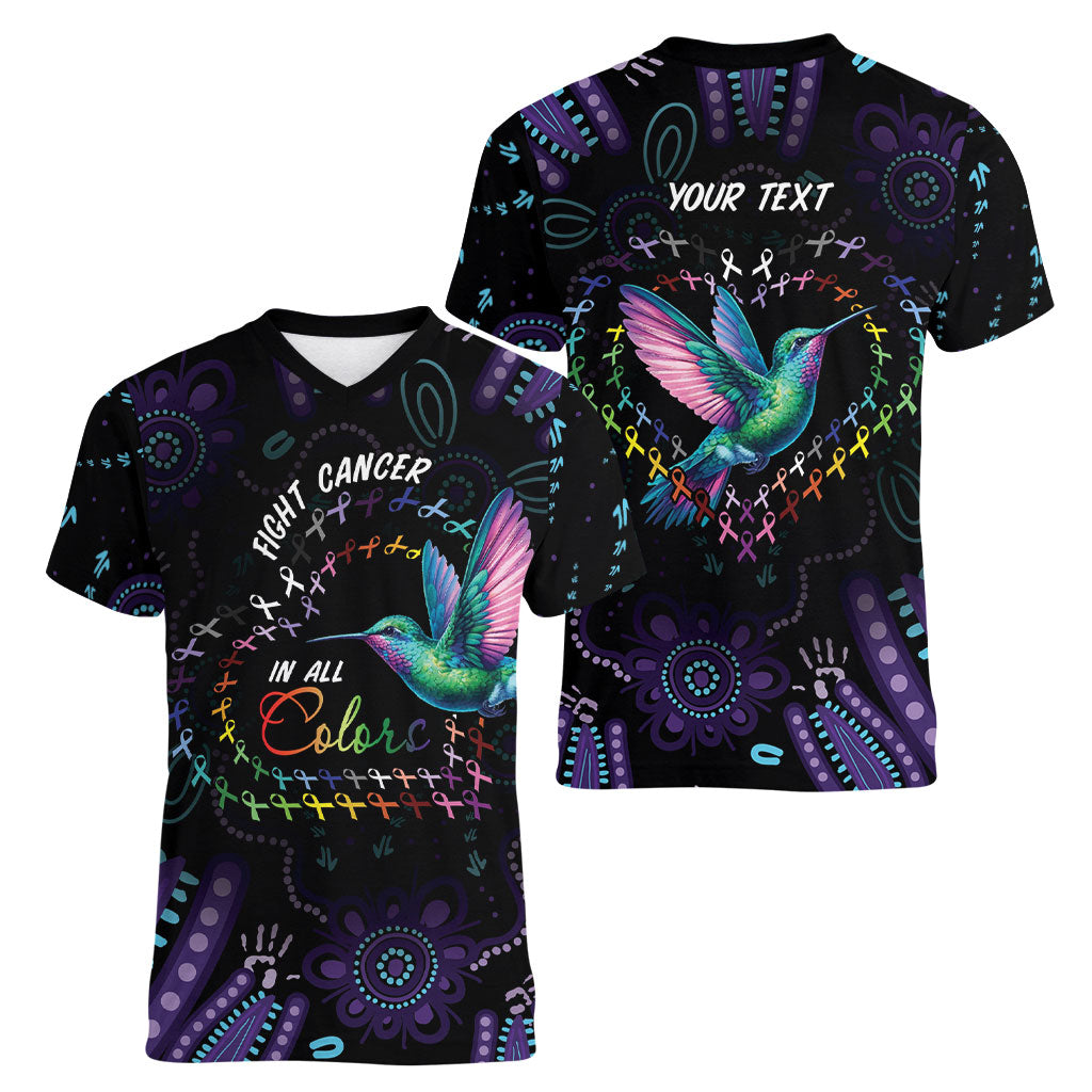Personalized Australia Indigenous Aboriginal Arts Women V-Neck T-Shirt Hummingbird - Fight Cancer In All Colors