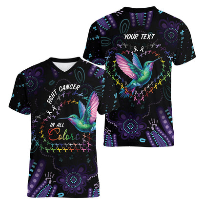 Personalized Australia Indigenous Aboriginal Arts Women V-Neck T-Shirt Hummingbird - Fight Cancer In All Colors