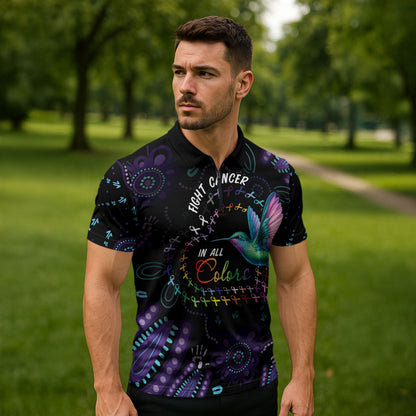 Personalized Australia Indigenous Aboriginal Arts Zipper Polo Shirt Hummingbird - Fight Cancer In All Colors