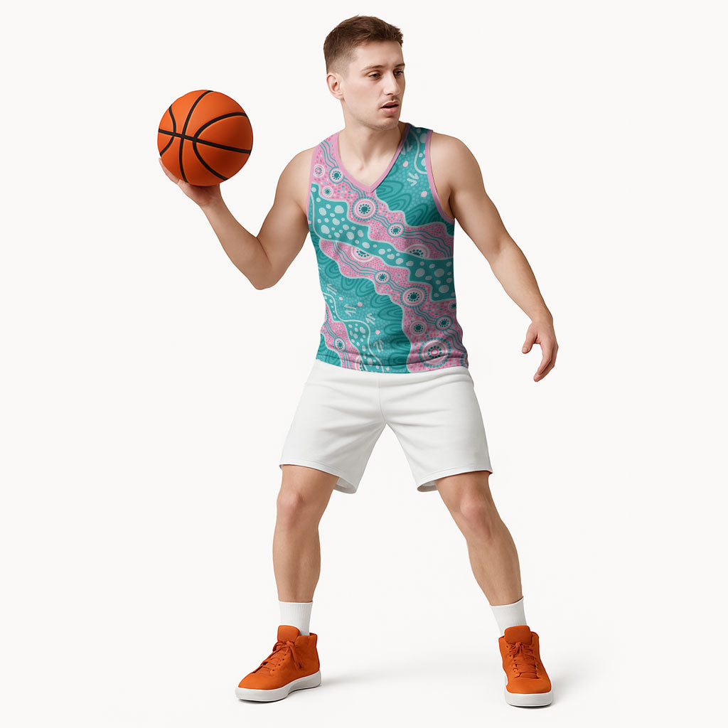 Hereditary Cancer Prevention Australia Indigenous Basketball Jersey Pink and Teal