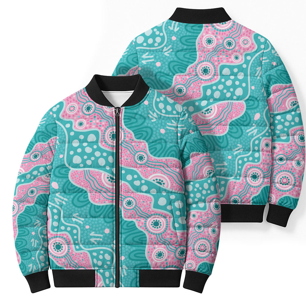 Hereditary Cancer Prevention Australia Indigenous Bomber Puffer Jacket Pink and Teal