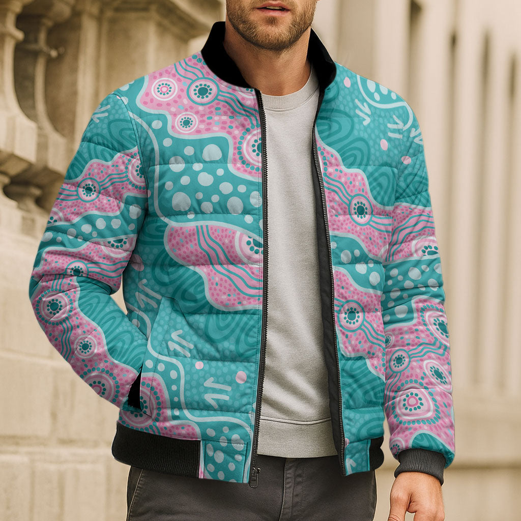 Hereditary Cancer Prevention Australia Indigenous Bomber Puffer Jacket Pink and Teal